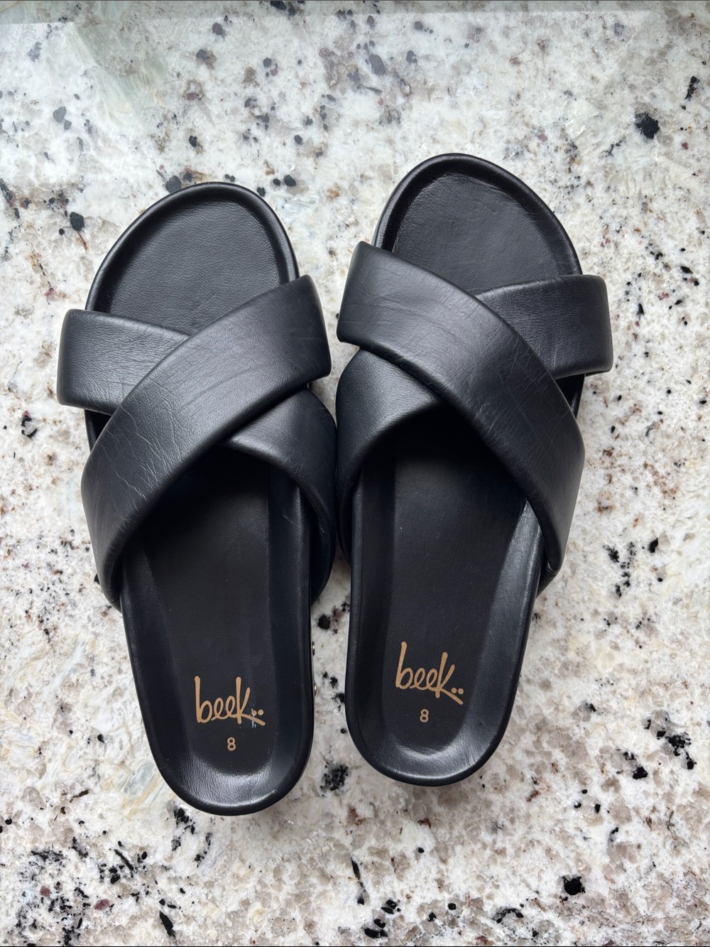 beek Rhea Slide Sandals Black Leather Cross Strap Women’s Size 8 $280 retail